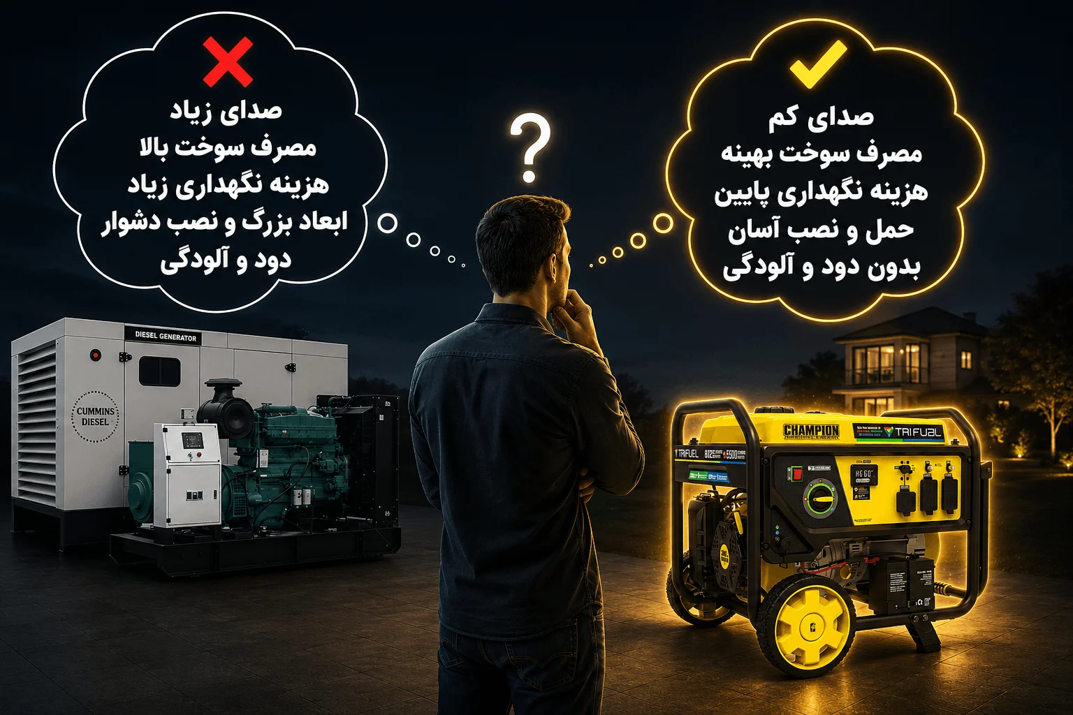 انتخاب بهینه بین دیزل ژنراتور و موتور برق برای مصارف خانه ویلایی